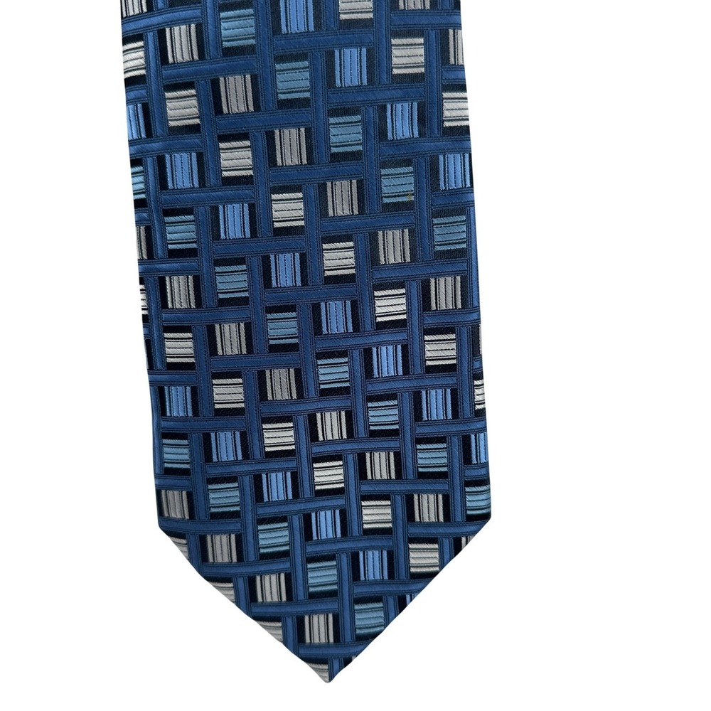 Pierre Cardin Blue Silver Geometric Basketweave Hand Made Polyester Tie 4" Mens